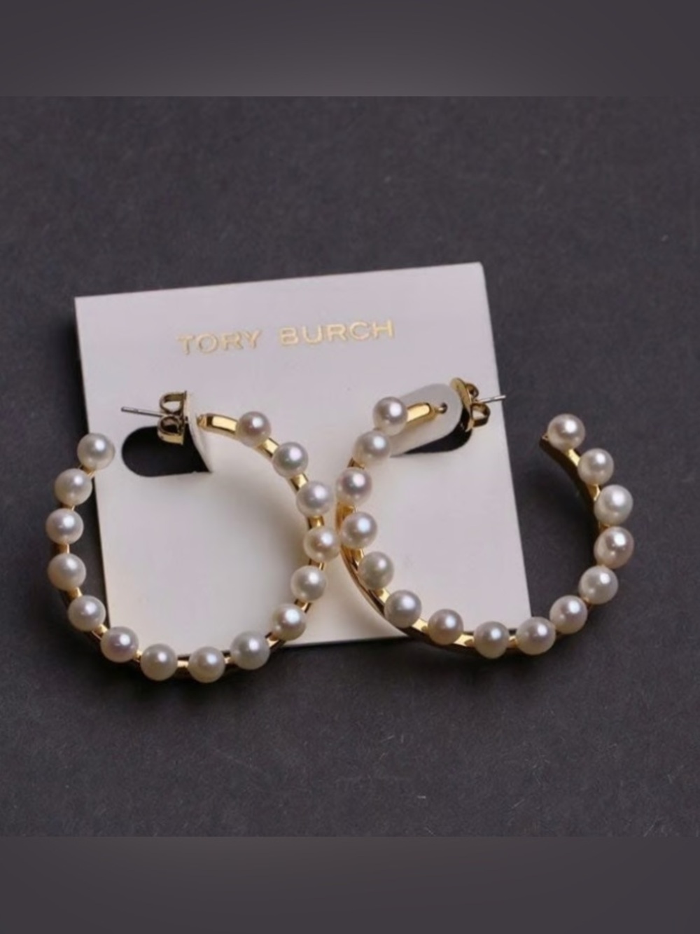 Tory Burch Gold Hoop Earrings with White Pearls - Picture 2 of 4